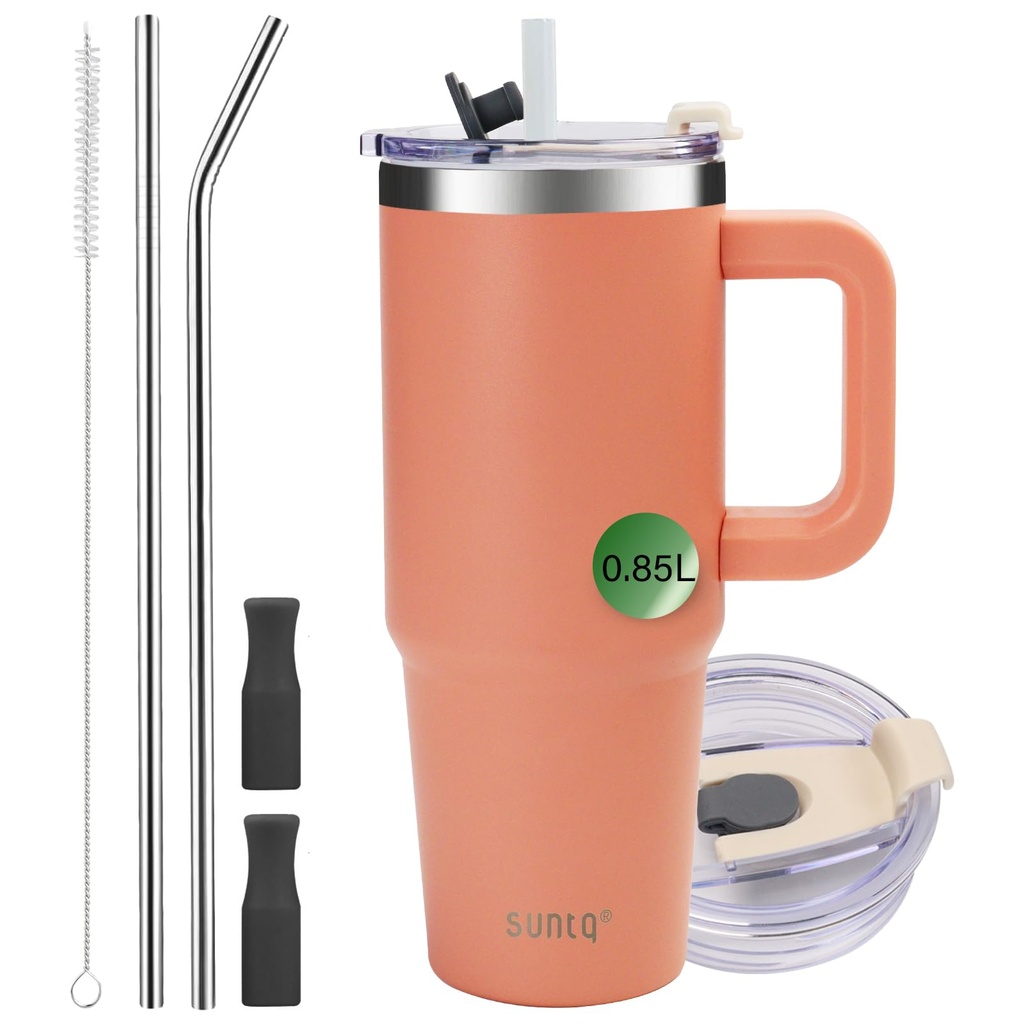 SUNTQ 30oz Tumbler with Handle, Double Wall Vacuum Insulated Water Bottle with Straw and Li