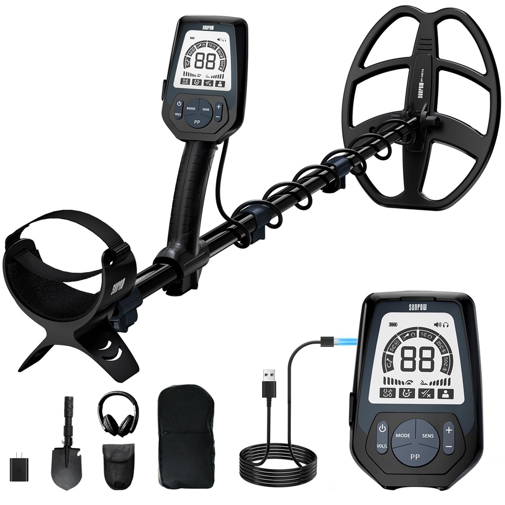 SUNPOW Professional Rechargeable Metal Detector for Adults USB-C Fast Charge, 11" 