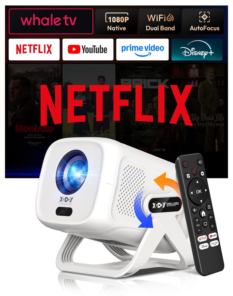 Compatible with Netflix & AI Autofocus Mini Projector Native 1080P 4K Supp