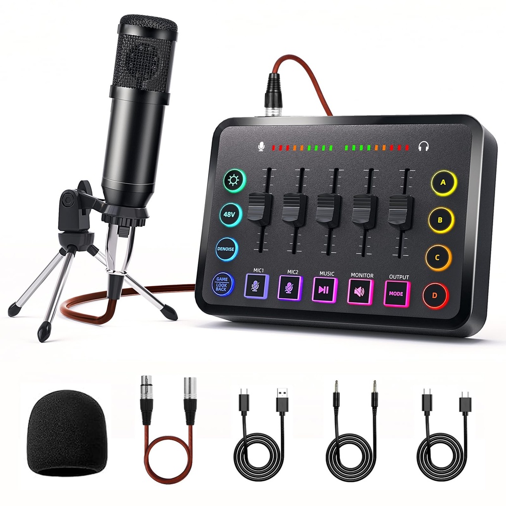 Podcast Microphone Mixing Console Bundle, comprising an audio mixer and live streaming microphone