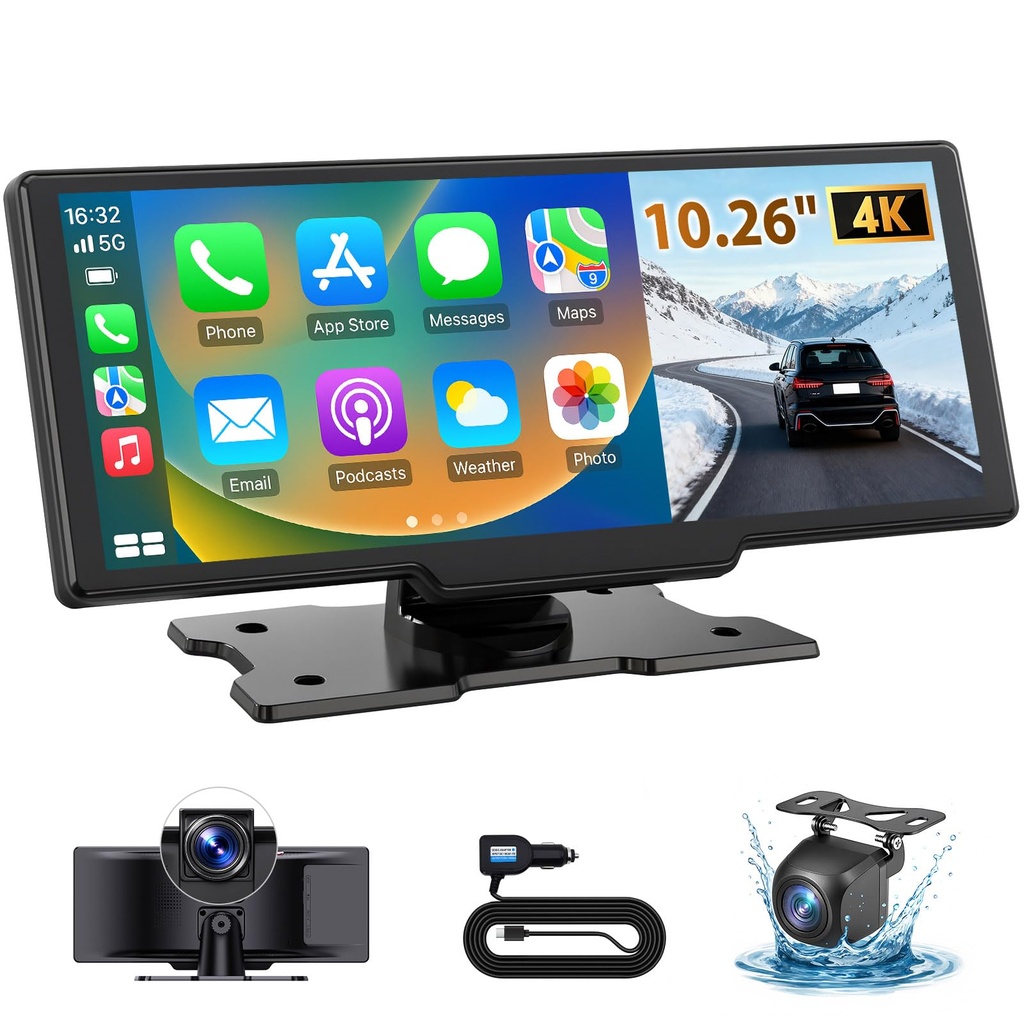 ELECROW 10.26 Wireless Portable Car Play Screen with 4K Front & HD Rear Dual Dash Cam