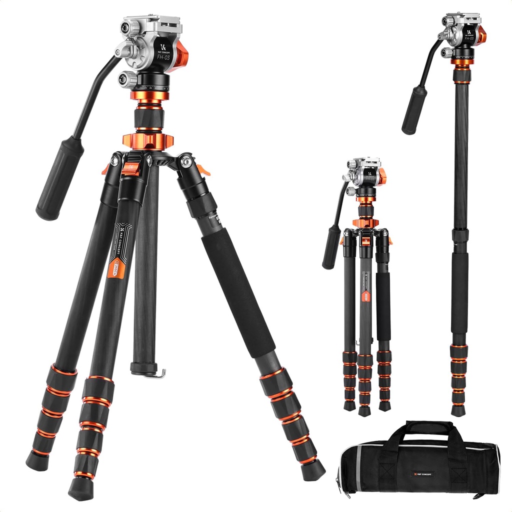 K&F CONCEPT 68" Carbon Fibre Tripod, Video Tripod with Fluid Head Load Capacity 6kg