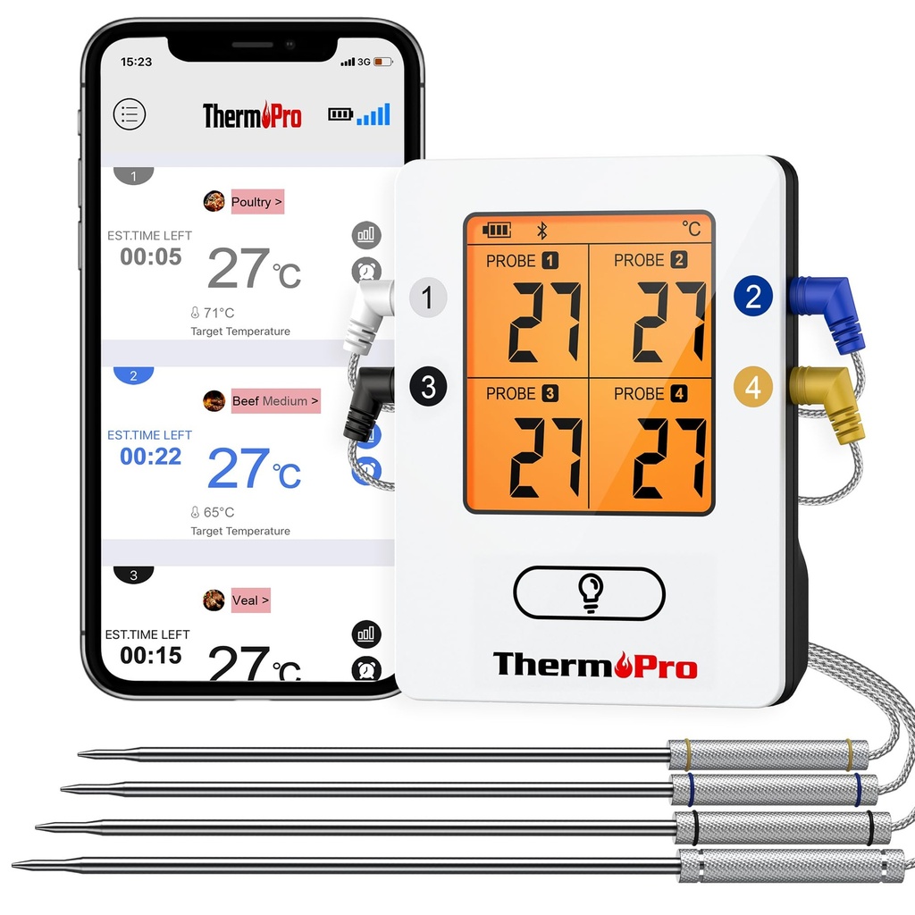 ThermoPro TempPro TP25 Bluetooth Meat Thermometer with 4 Temperature Probes Smart Wireless