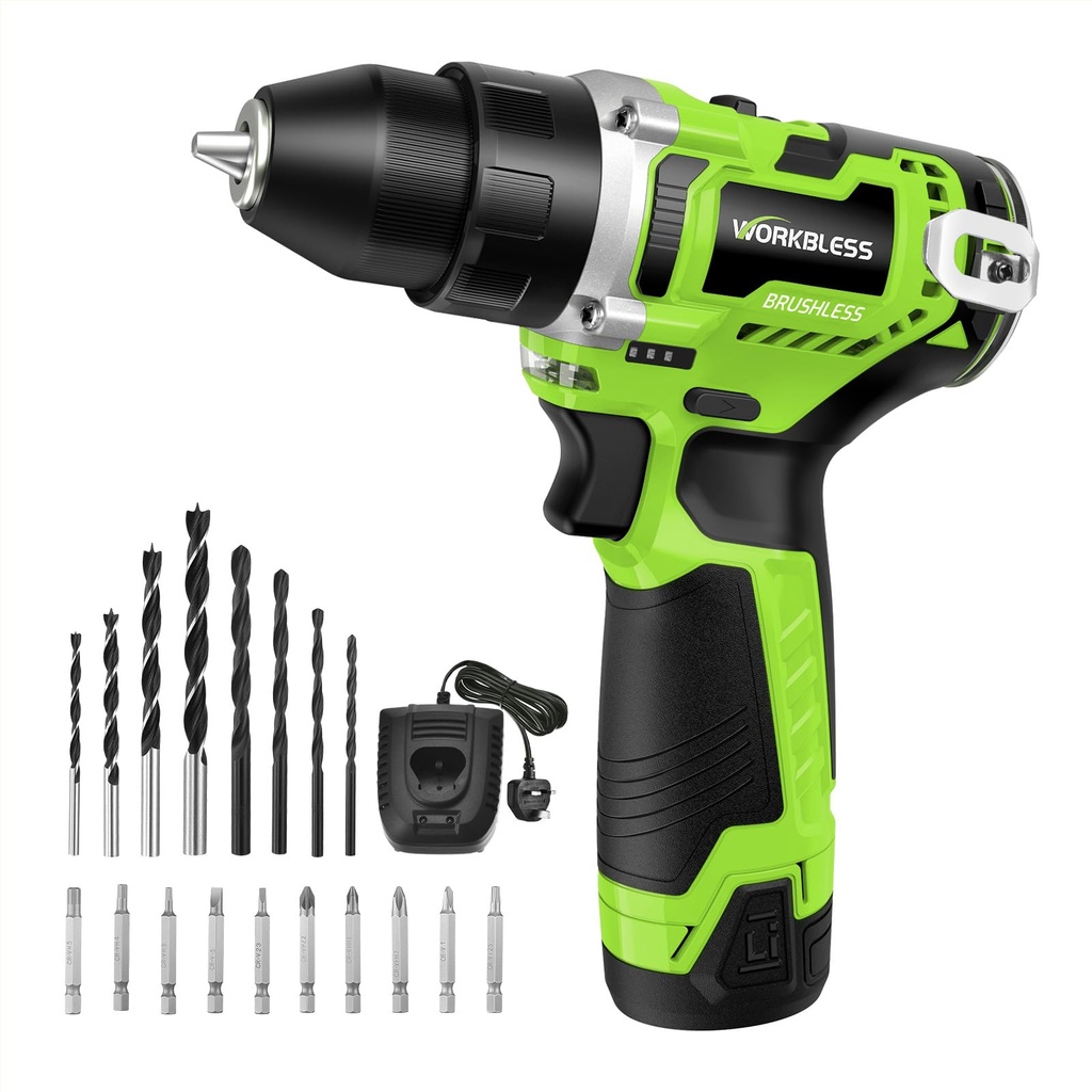 WorkBless 12V Cordless Drill, Brushless Power Drill with LCD Smart Display, 30 Torque Setti