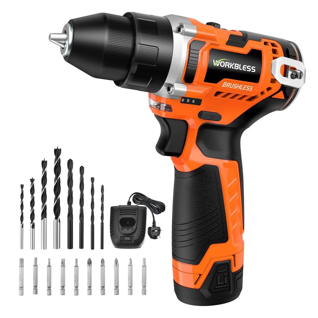 WorkBless 12V Cordless Drill, Brushless Power Drill with LCD Smart Display, 30 Torque Setti