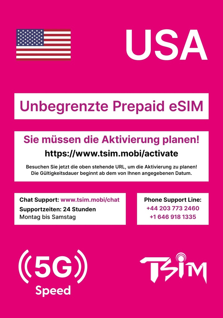 USA eSIM 21 Days. T-Mobile Network with Unlimited High Speed Data, Local Calls and Texts 