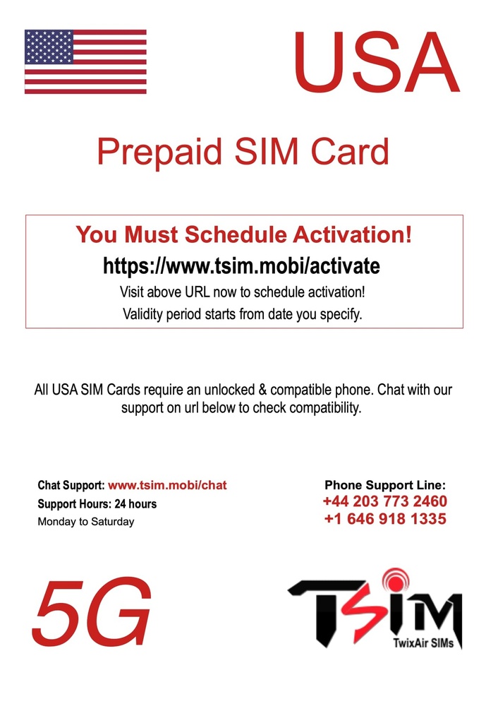 TSIM PrePaid USA SIM card. Unlimited incoming and outgoing calls/text | Ultra High Speed 5G