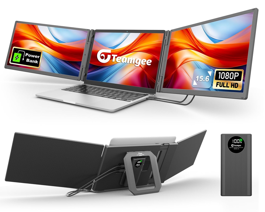 Teamgee 15.6" Laptop Screen Extender with Power Bank, Plug & Play Portable Monitor | Compati