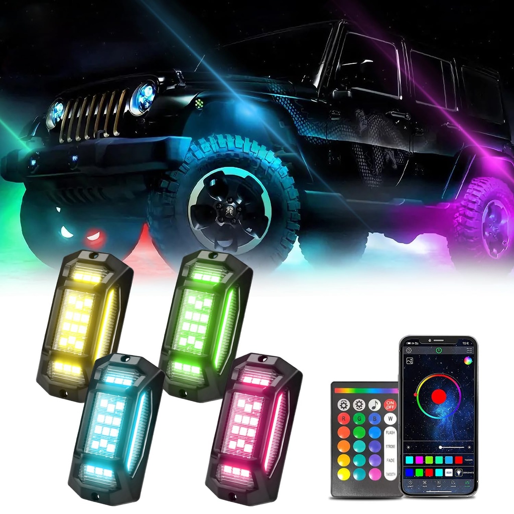 GSRECY Underglow Light Kit for Car, 4 Pods RGB LED Rock Lights with App/Remote Control/Music