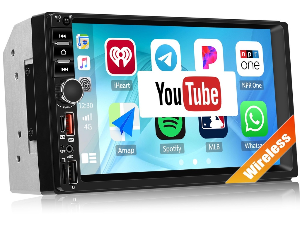 SIXTOP Double Din Car Stereo with Wireless Carplay Android Auto, YouTube App, 7" IPS Touchscreen