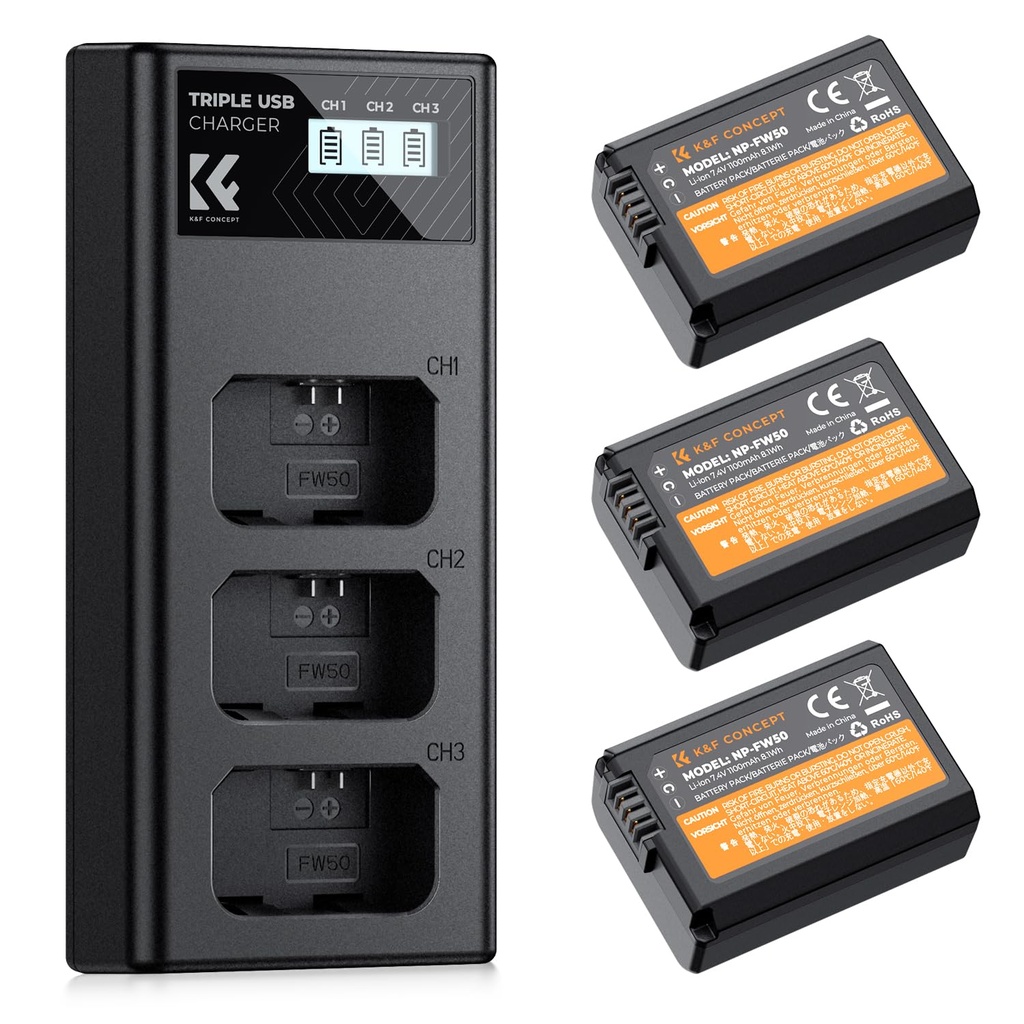 K&F CONCEPT 3-Pack NP-FW50 Battery and Triple Slot Charger Set, Compatible with Sony A6400,