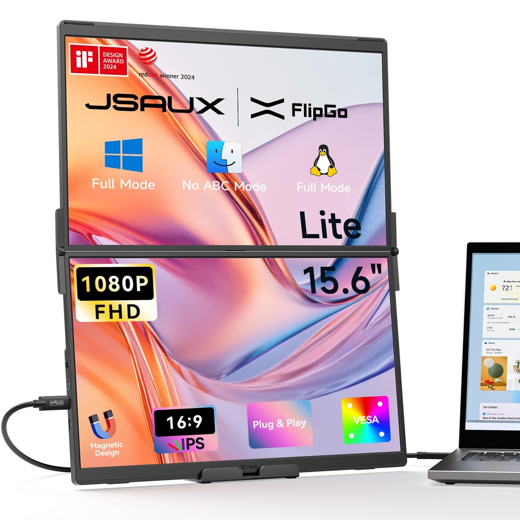 JSAUX FlipGo Lite 15.6" Dual Laptop Screen Extender, 1080P Triple Laptop Monitor Extender,