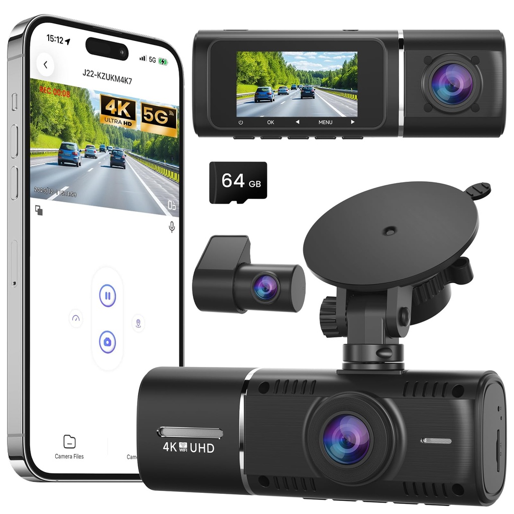 Dash Cam 3 Channel 4K/2.5K Front Rear FHD Dash Camera for Cars, 1080P Inside Camera 64GB Ca