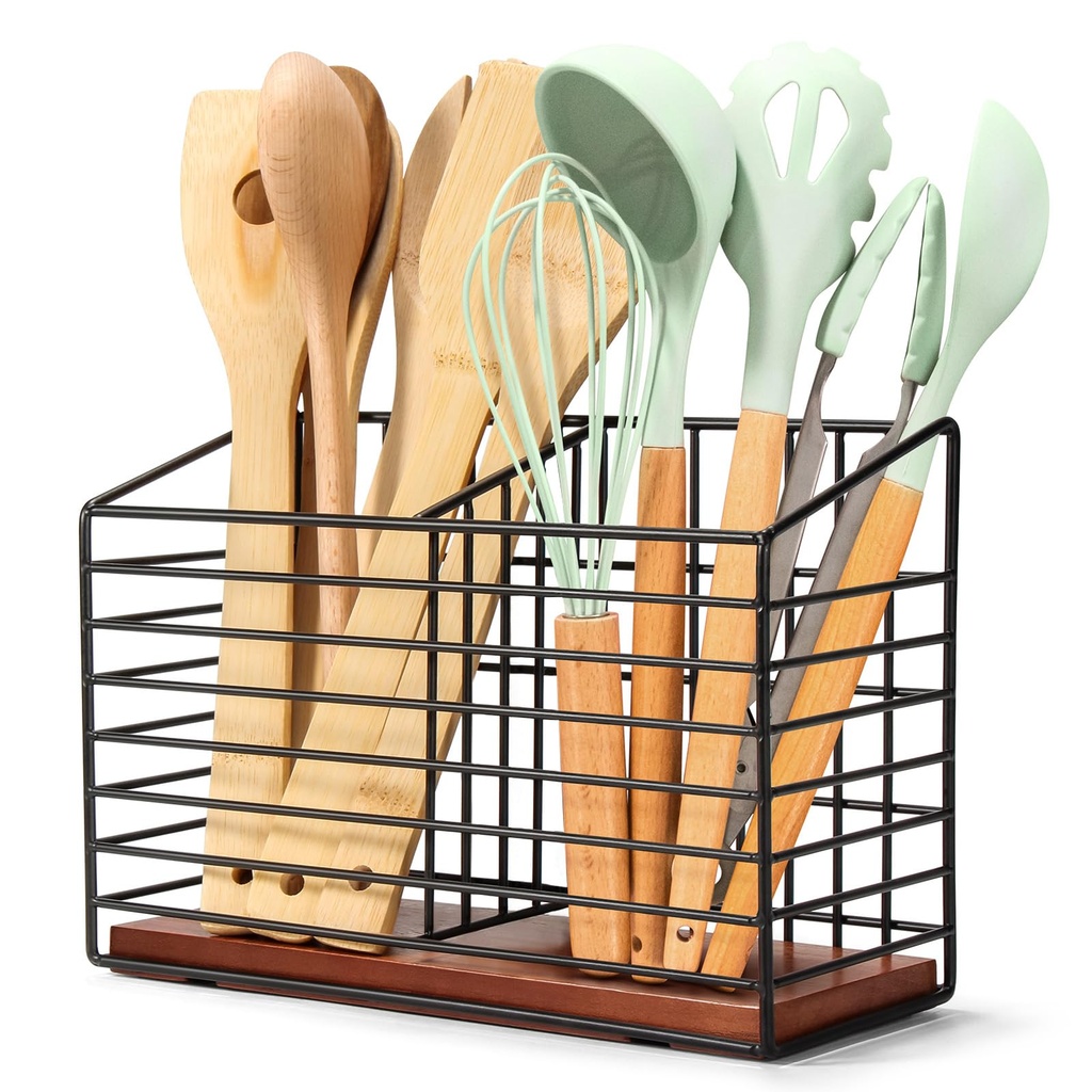 THYGIFTREE Kitchen Organizer for Counter - Large Black Metal Cooking Utensil Holder with Wo