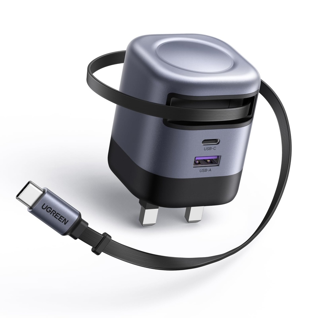 UGREEN USB C Charger Plug, 45W 3-Port Fast Charger Plug with Retractable Cable, USB C Charger
