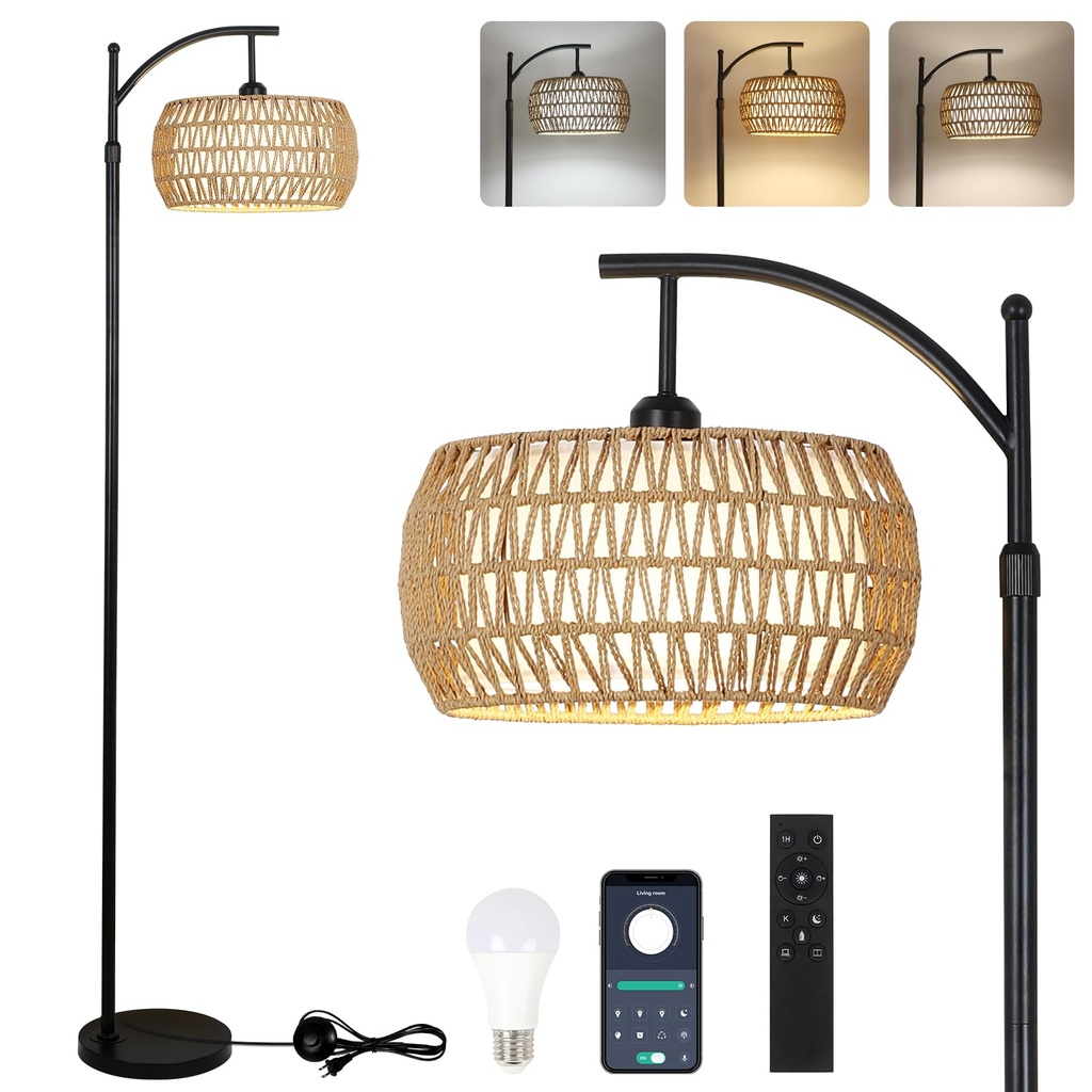 Rayofly Arc Floor Lamp for Living Room, Dimmable Floor Lamps with Remote Control, Boho Stand
