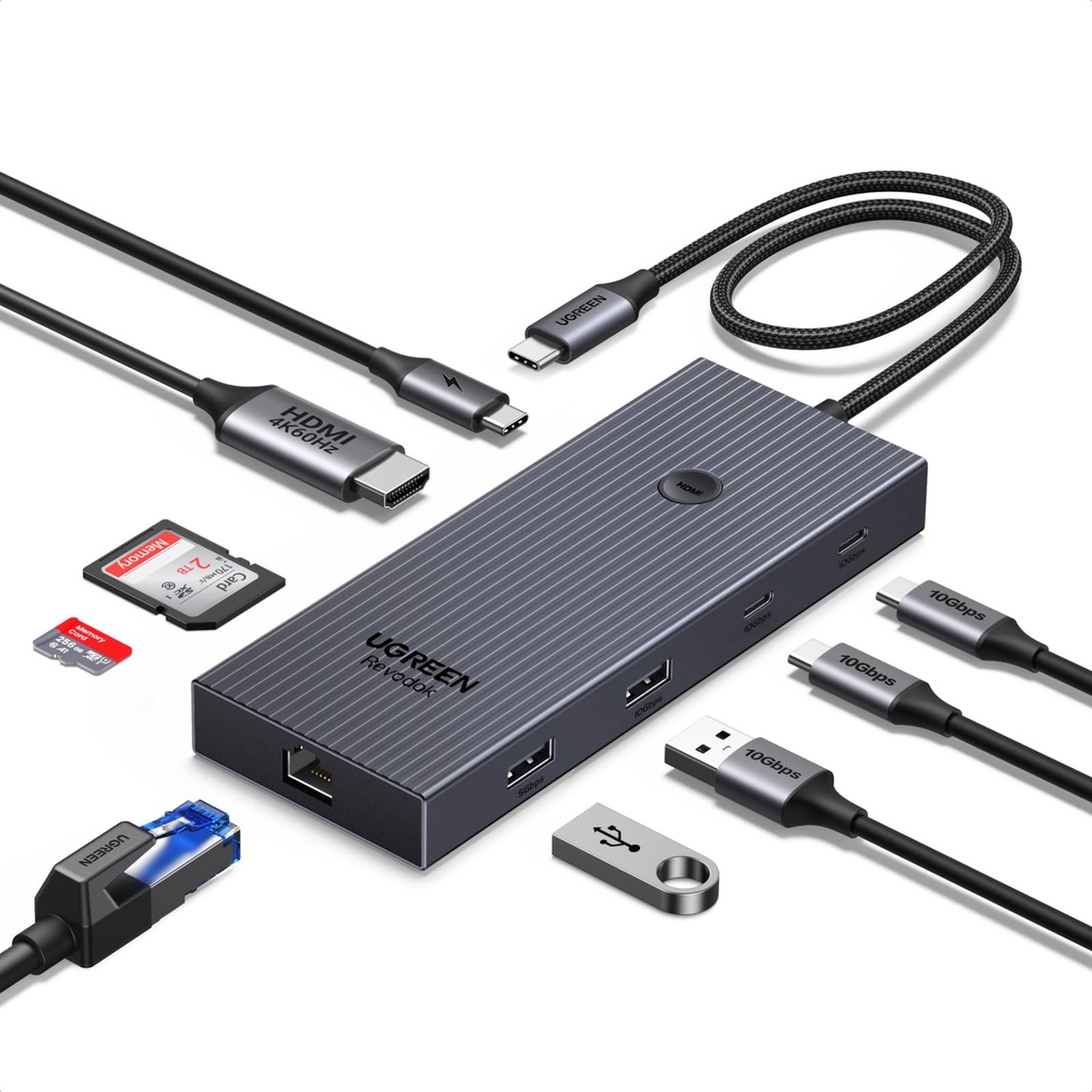 UGREEN USB C Hub, 9-in-1 4K@60Hz HDMI to USB-C Adapter, 1Gbps Ethernet, 170MB/s SD/TF, 3x 1