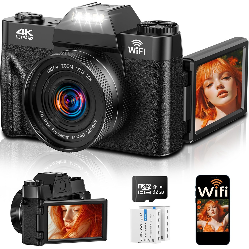 4K 75MP Digital Camera with WiFi, 3" 180 Flip Screen, 16X Digital Zoom Autofocus Vlogging