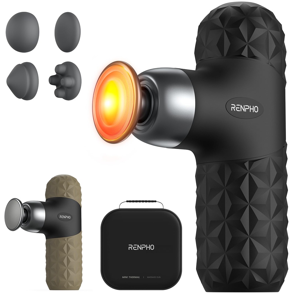 RENPHO Mini Massage Gun with Heat,Massage Gun Deep Tissue with 4 Massage Heads, Ultra Small