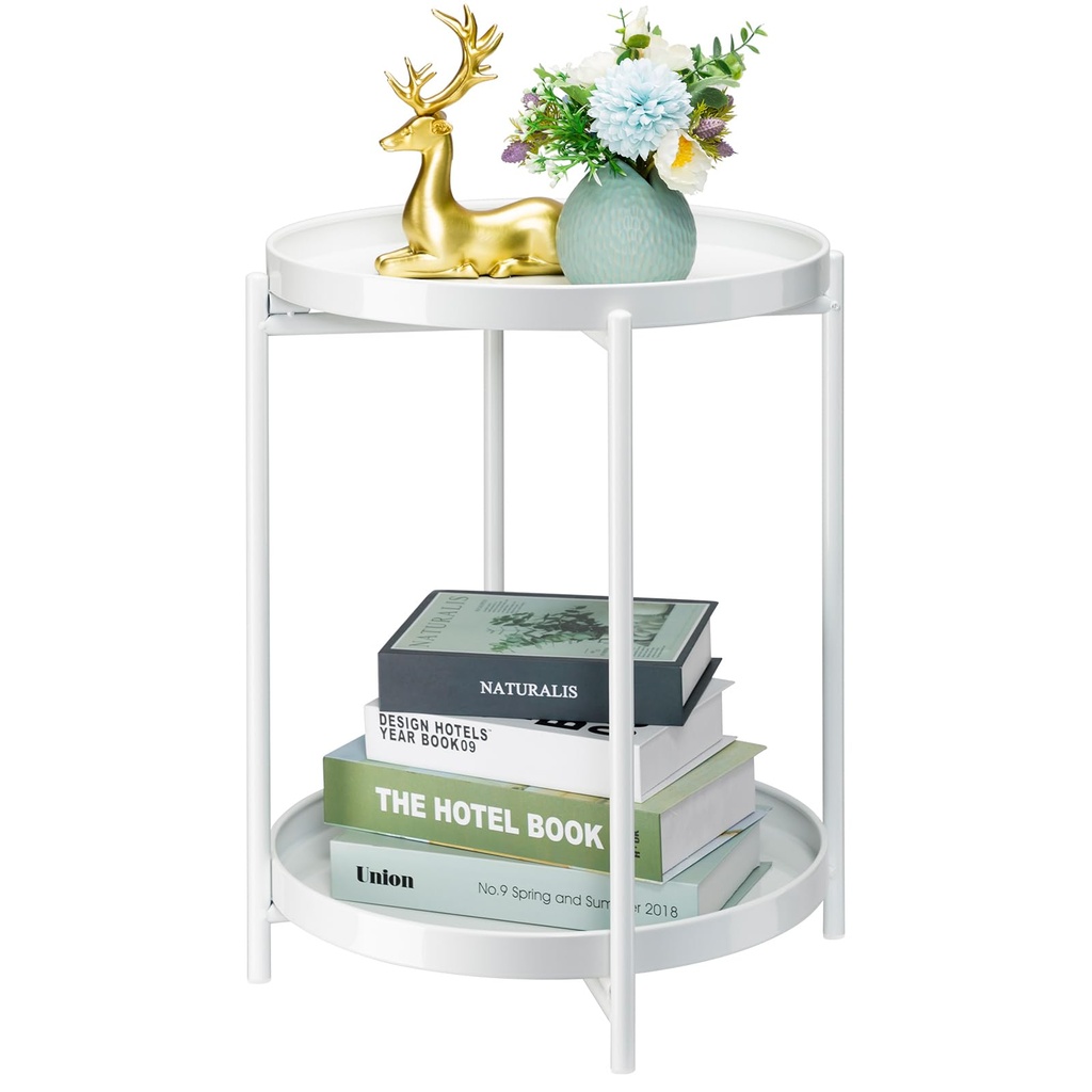 danpinera 2 Tier Metal Side Table with Removable Tray, Small End Table Round Side Table Sma