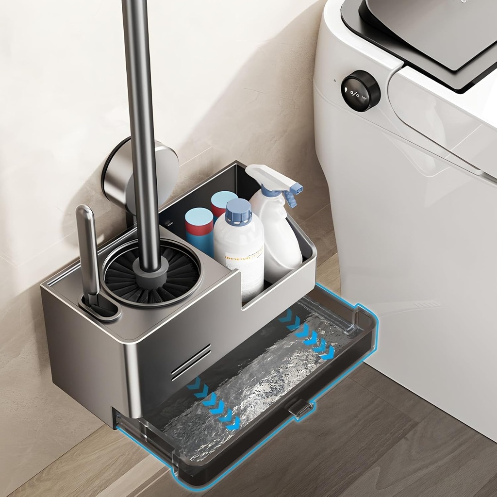 Toilet Brush and Holder Set, Suction Cup Toilet Bowl Scrubber with Drip Tray, Wall Mounted