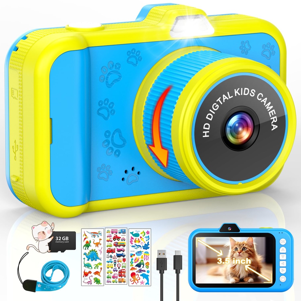 CHAKEYAKE Kids Camera, 3.5" Large Display Kids Digital Camera with 360Ã‚Â° Rotating Zoom Le
