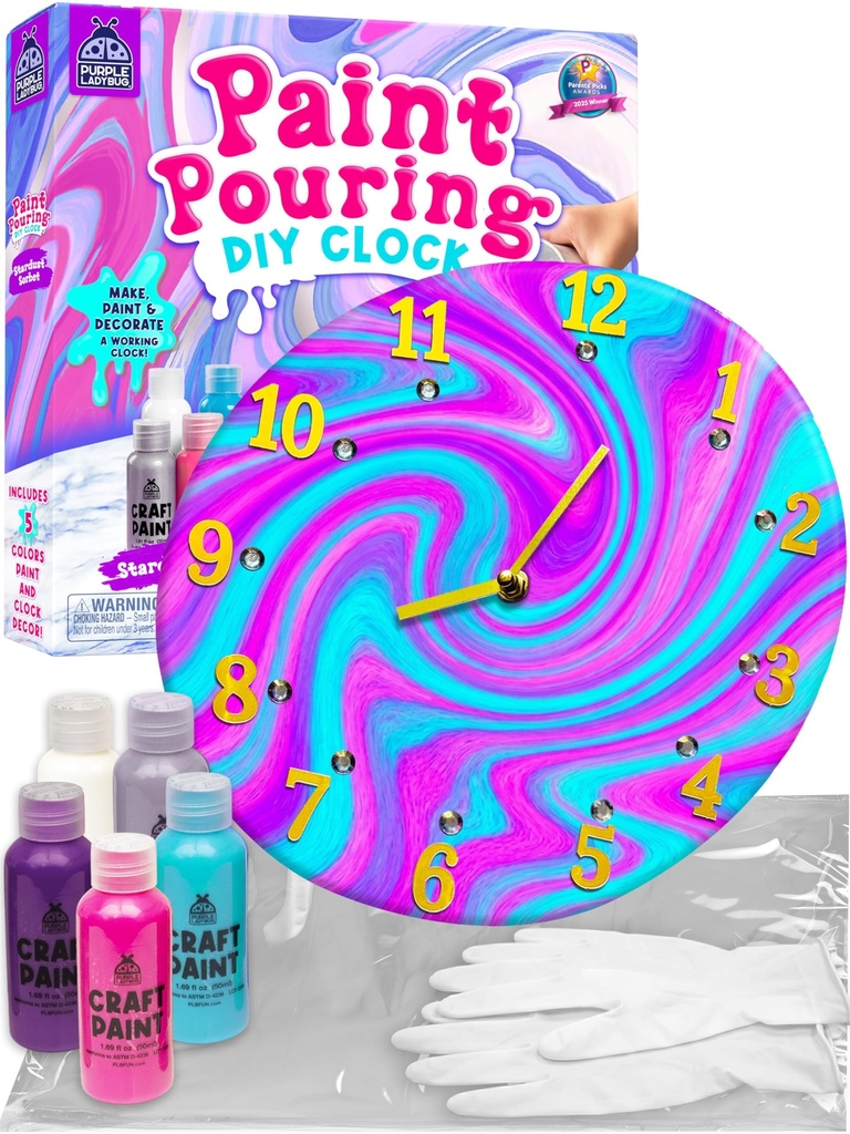 Paint Pouring Clock Kit for Kids Ages 6-12 - Complete Craft Set with Paints Stickers Tools,
