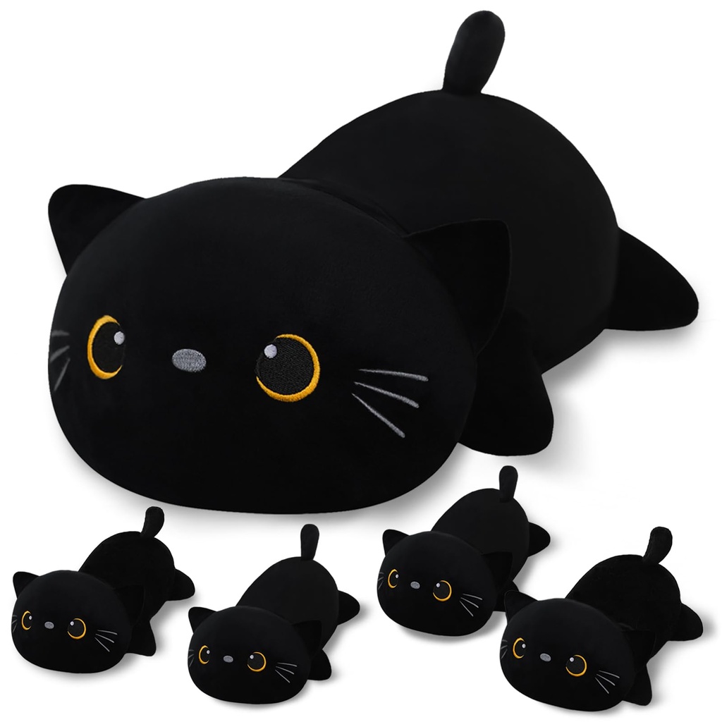SQEQE Black Cat Plush, Cute Black Cat Stuffed Animals with 4 Baby Black Kitten Plushies in