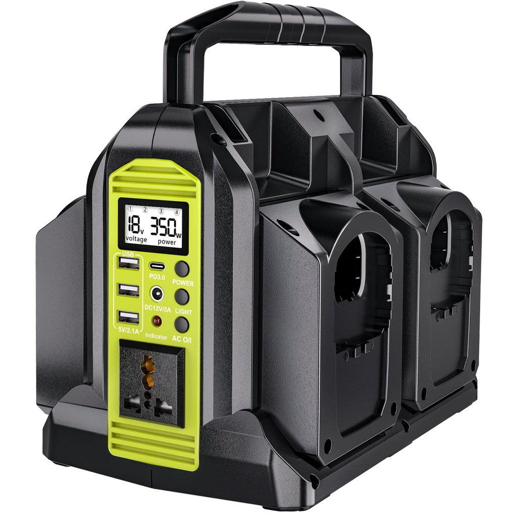 4-Ports 350W Power Inverter for Ryobi 18v Battery, Portable DC 18V to AC 220-230V Outdoor 