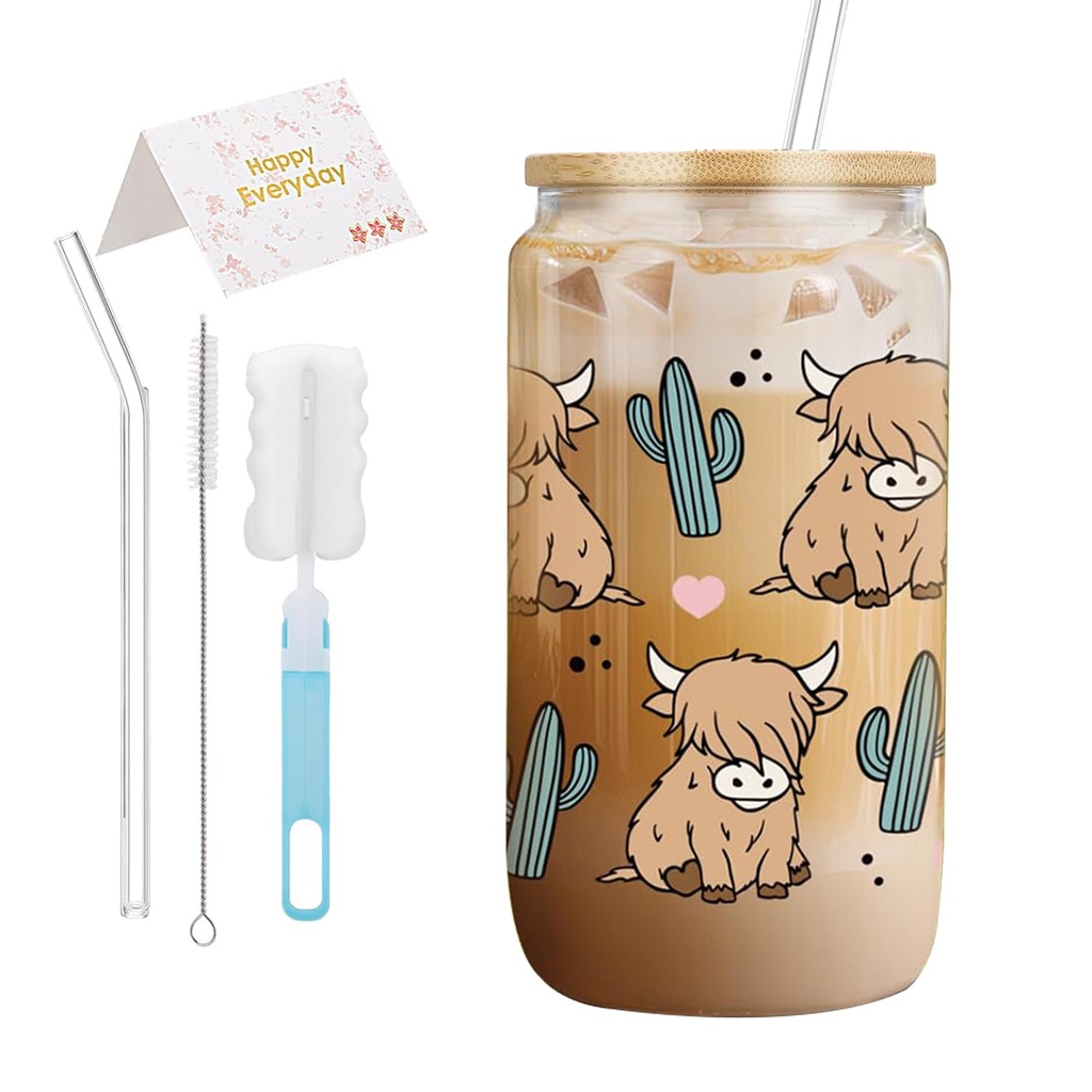 Joalpysm Highland Cow Glass Tumbler with Lids and Straws, Highland Cow Gifts for Women and