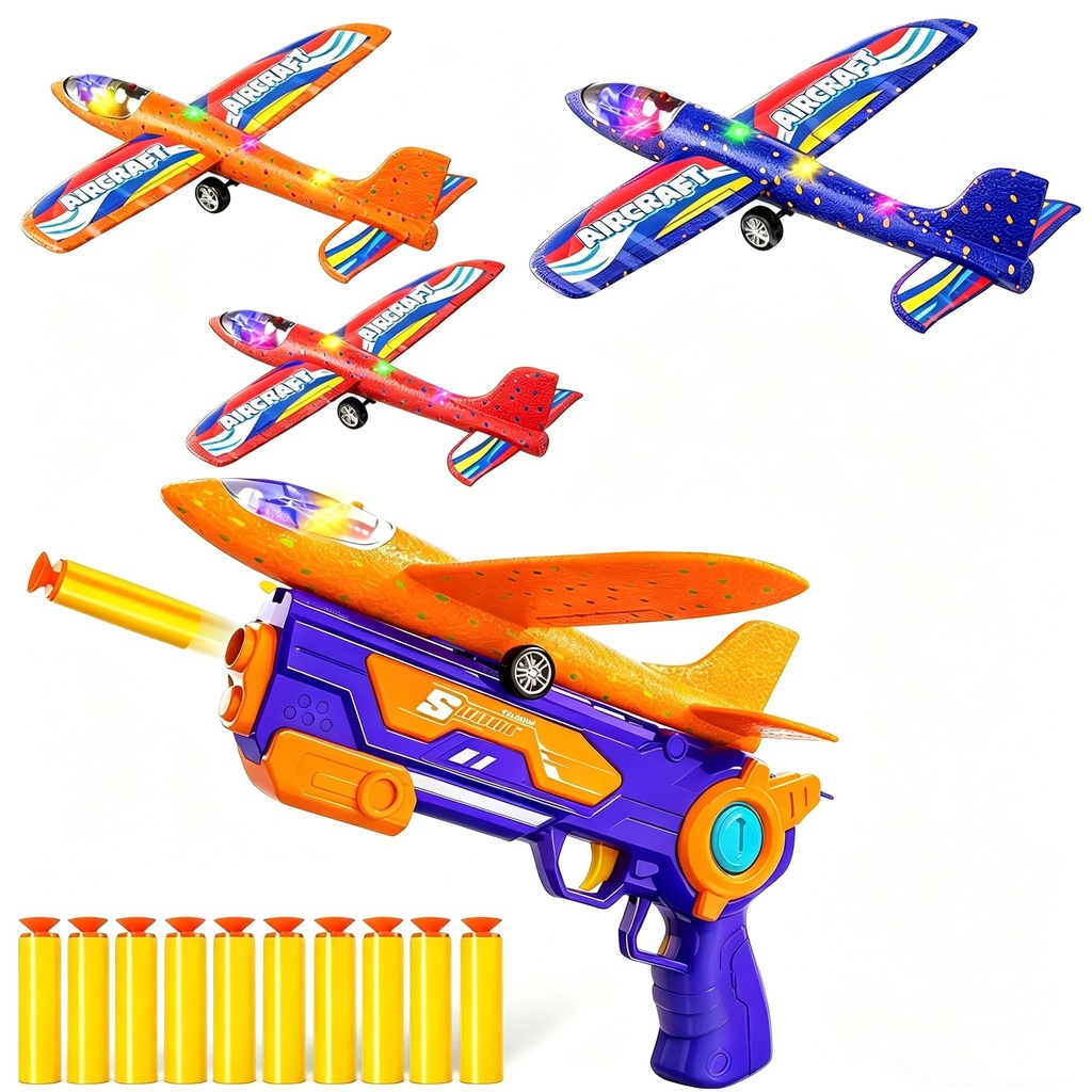 JUKUDAHU 3 Pack Airplane Launcher Toys for Kids 3-8, 2 Flight Modes Foam Plane Glider Catap