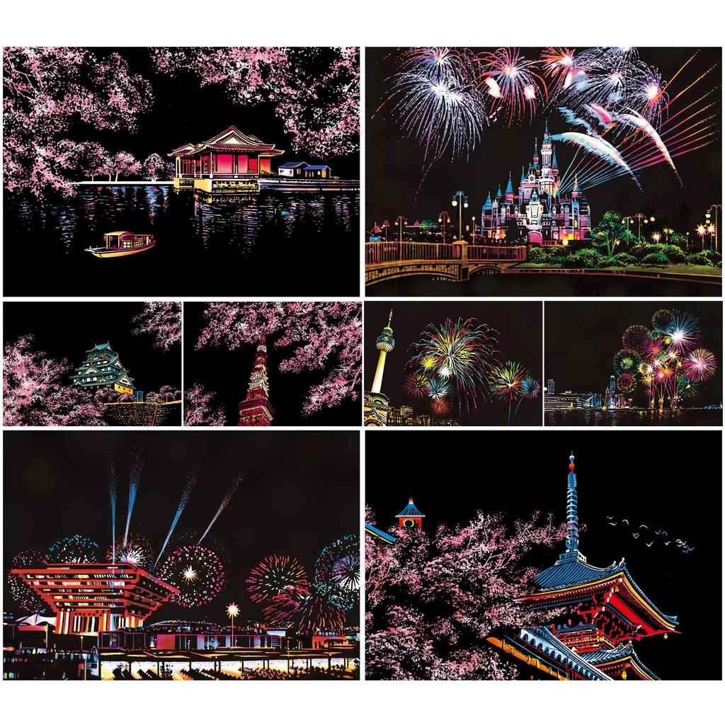 SiYear Scratch Paper Rainbow Painting Sketch, City Series Night Scene,Scratch Painting Crea