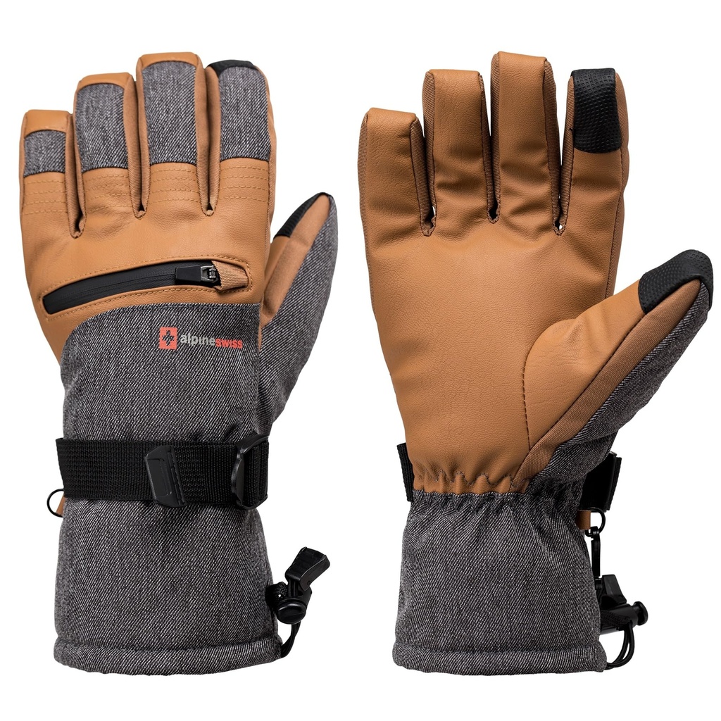 alpine swiss Mens Waterproof Snow Ski Gloves Gauntlet Mittens with Zipper Pockets Winter Sn