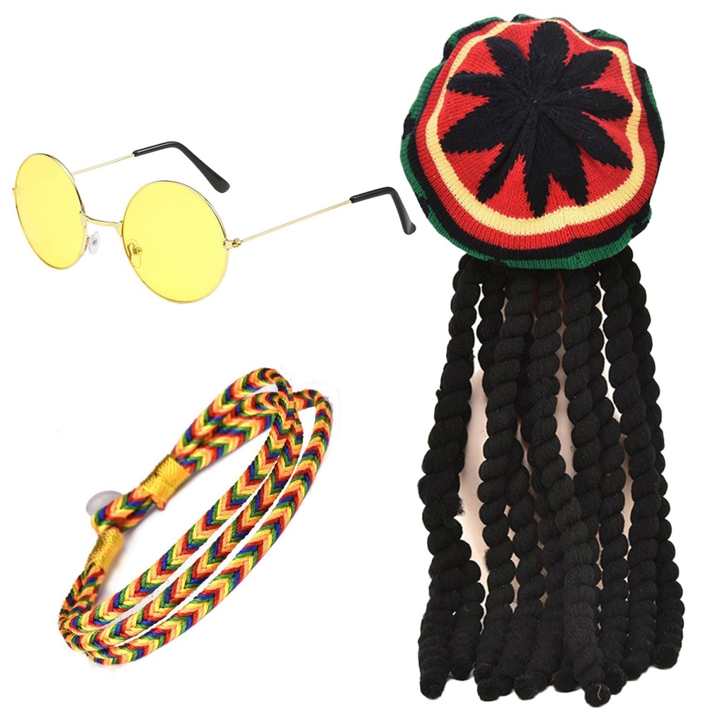 FUIPVGI 3 Pcs Rasta Set, Rasta Hat with Black Dreadlocks Wig, Yellow Glasses, Braided Brace