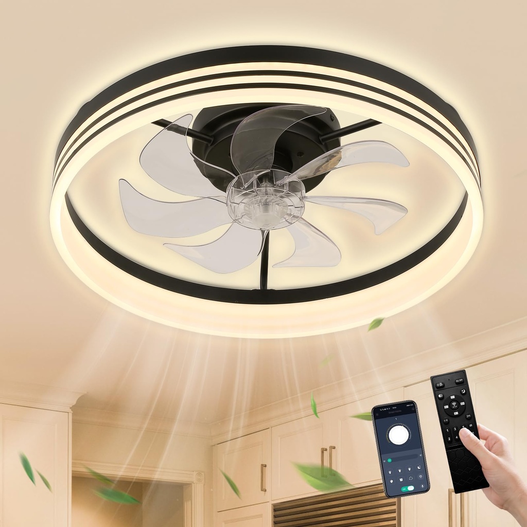 Cainjiazh Modern Ceiling Fan with Dimmable Lights - Low Profile Fandelier Flush Mount Blade