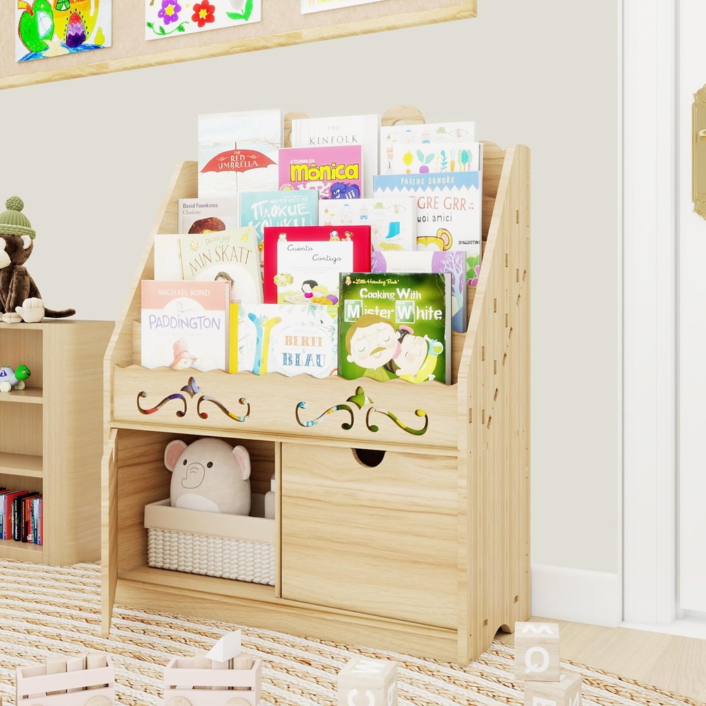 PUNCIA Kids Pine Bookshelf Childrens Bookcase Toddler Storage Book Rack Toddler Book and To