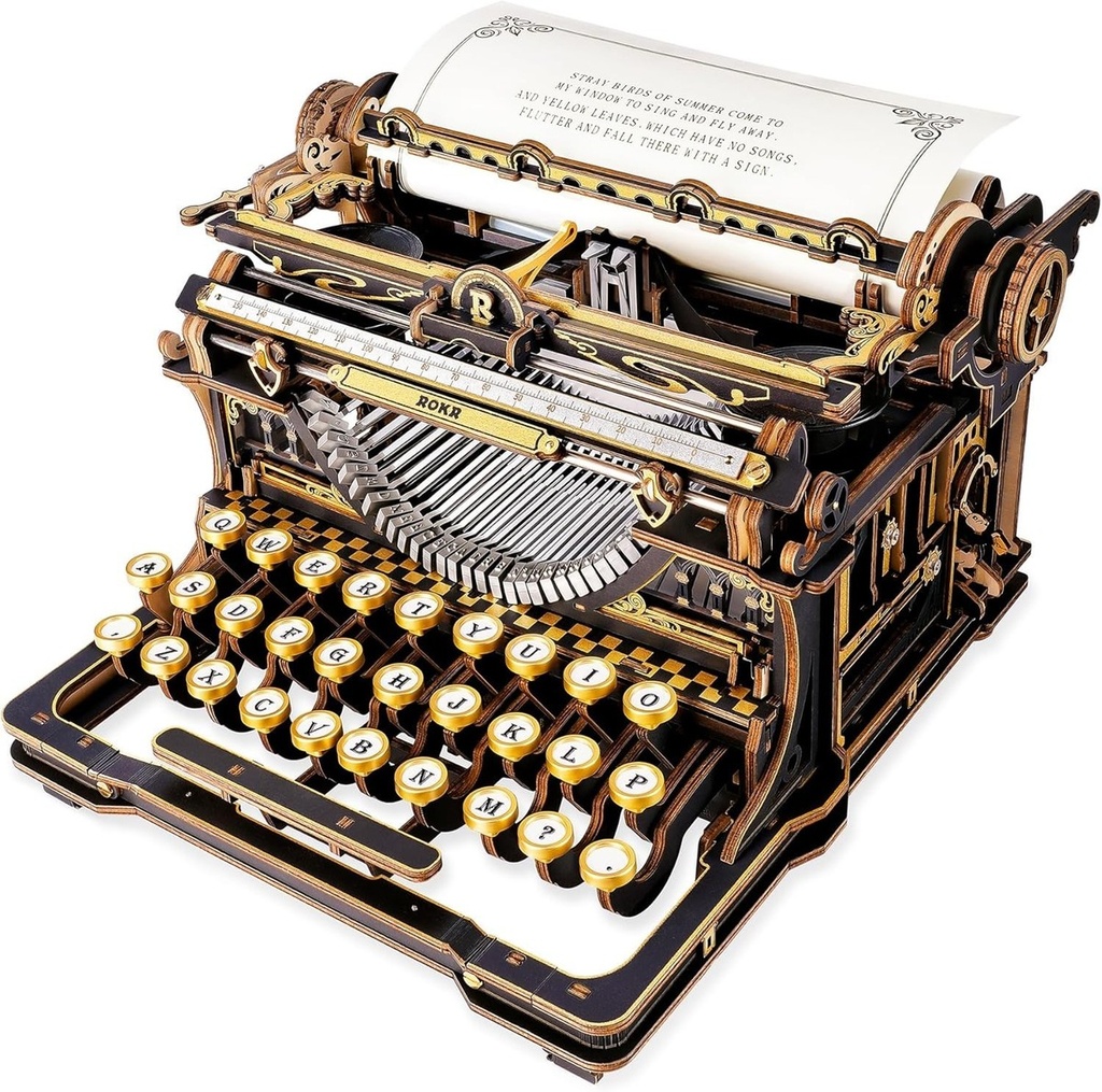ROKR Typewriter 3D Wooden Puzzles for Adults, Black Gold Mechanical Model Kits for Adults