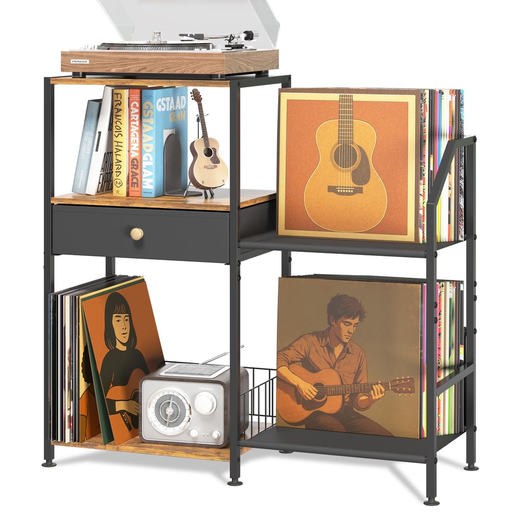 iDavosic.ly Record Player Stand, 3 Tier Vinyl Storage Shelf with Turntable Holder, Side Tab