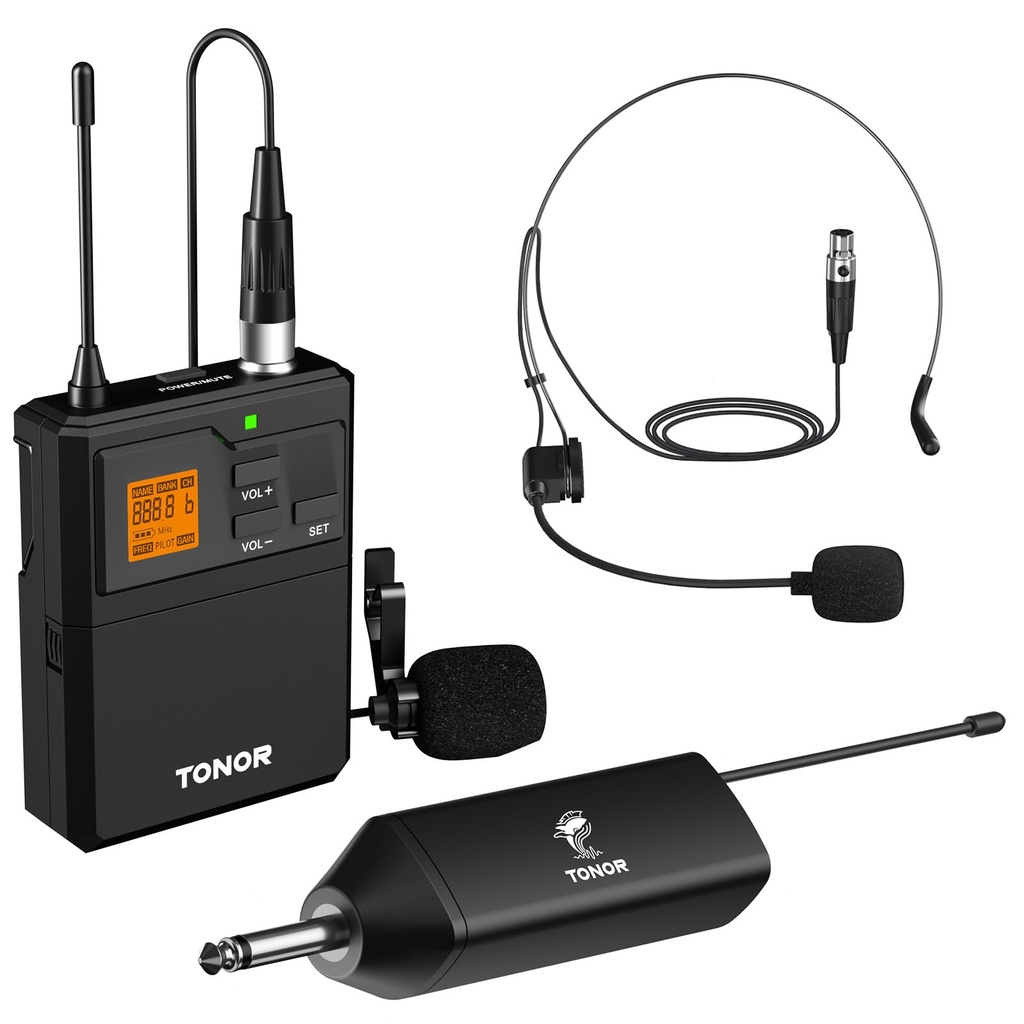 TONOR Wireless Headset Microphone& Lavalier Mic with Bodypack Transmitter, 1/4" Jack Rechar