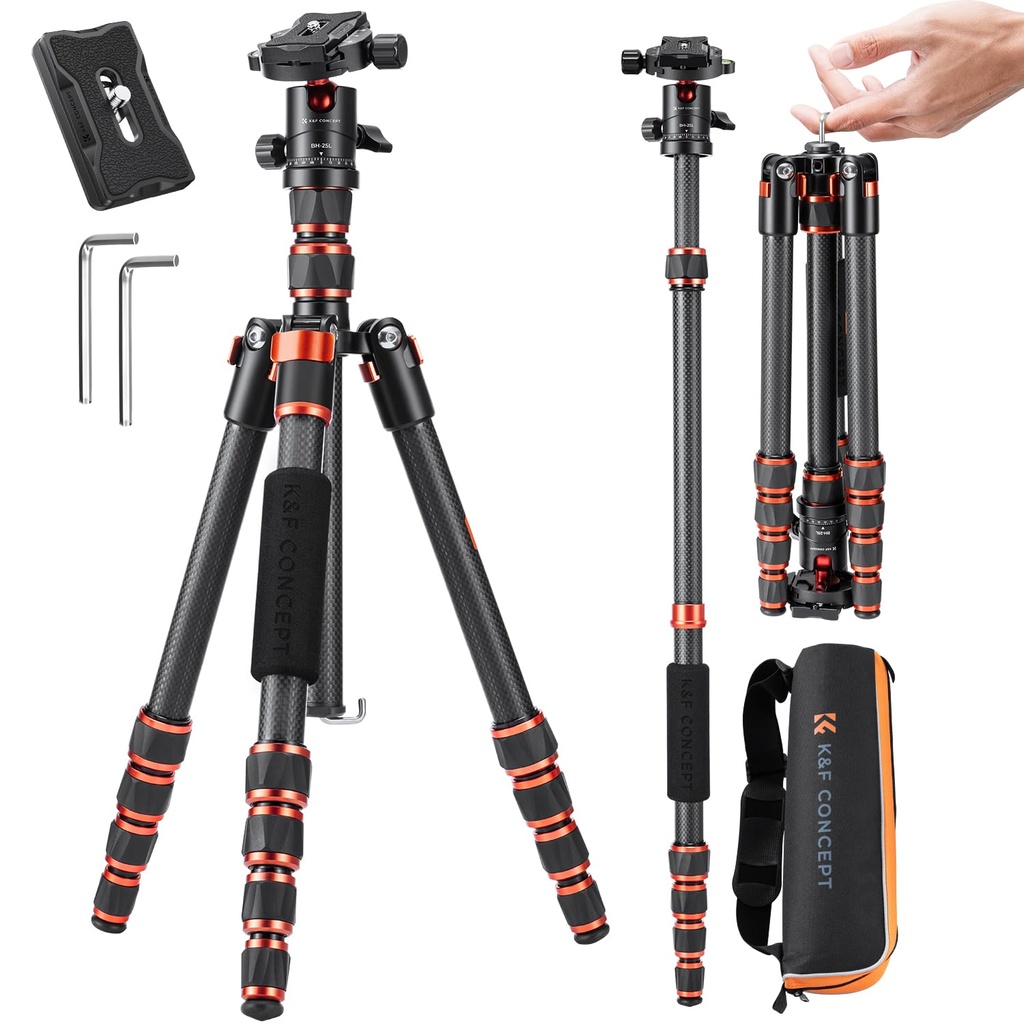 K&F Concept 61" Carbon Fibre Camera Tripod, Lightweight Compact Tripod