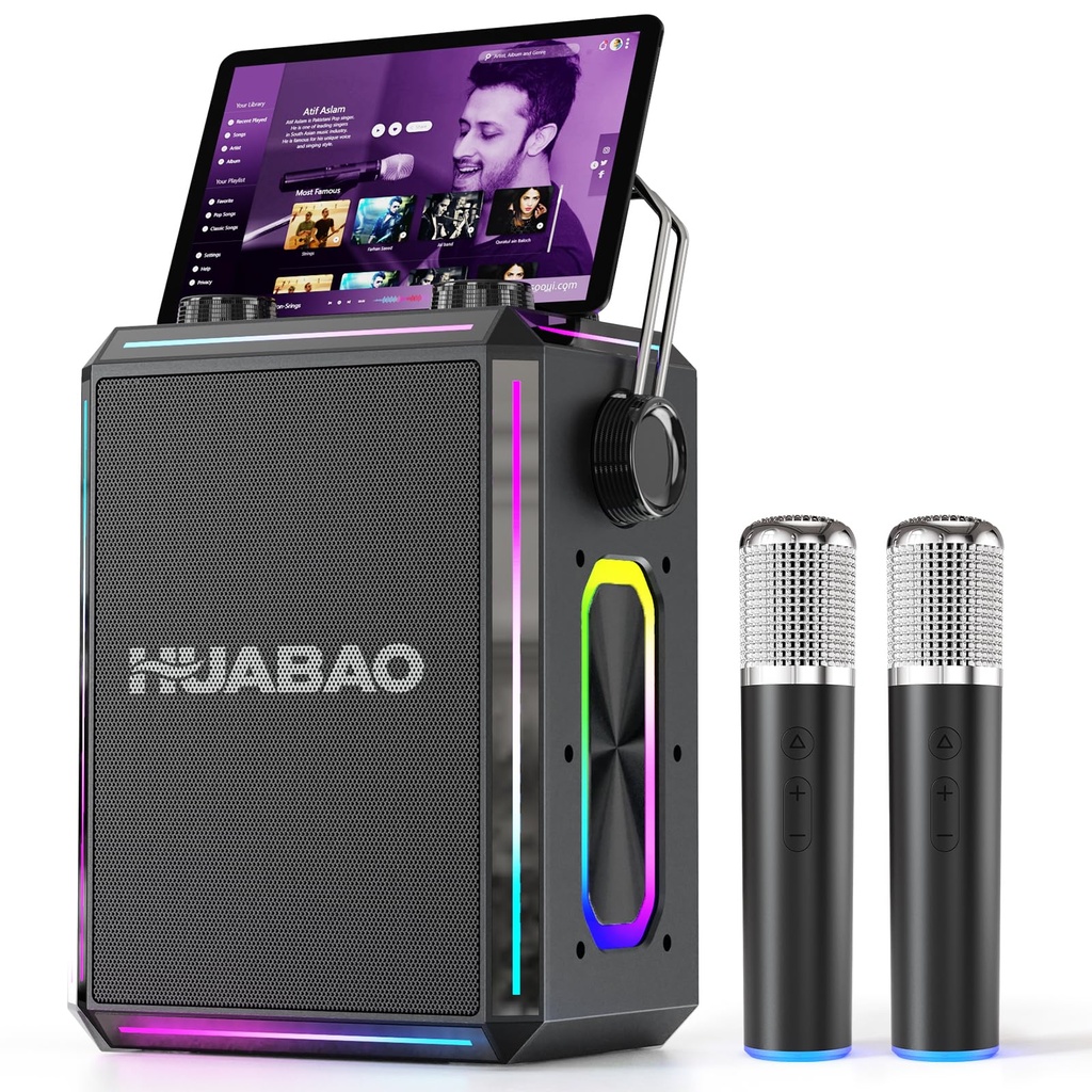 Portable Bluetooth Karaoke Speaker with 2 Wireless Microphones, RGB Lights, Treble & Bass