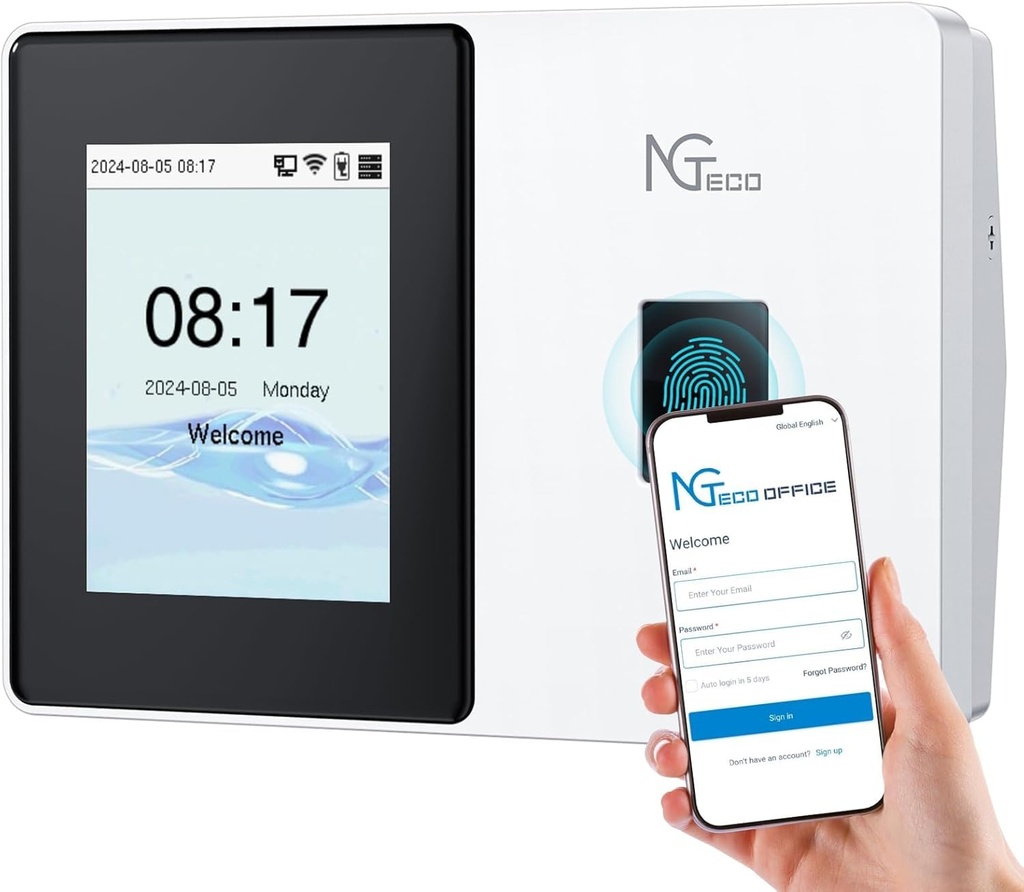 NGTeco TC2 Attendance Detector with Fingerprint & RFID, WiFi 2.4/5GHz, App and Cloud Free,