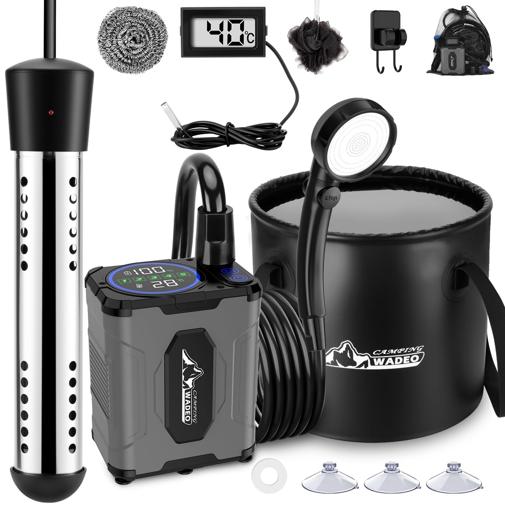 WADEO Portable Shower, [Heating Water Function] [10 Days Runtime], Rechargeable Outdoor Shower