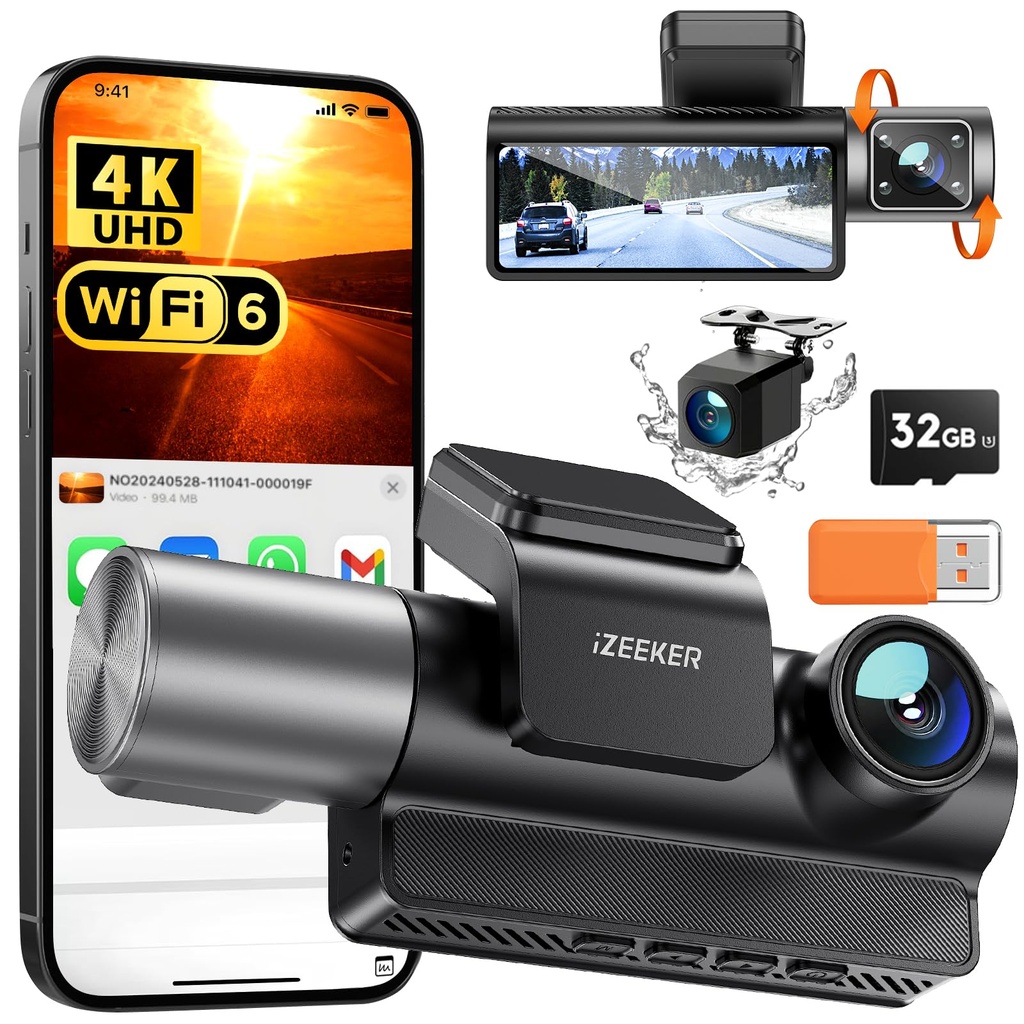 iZEEKER 3-Channel 4K Dash Cam with FREE 32GB Card, 4K+1080P+1080P Front & Rear