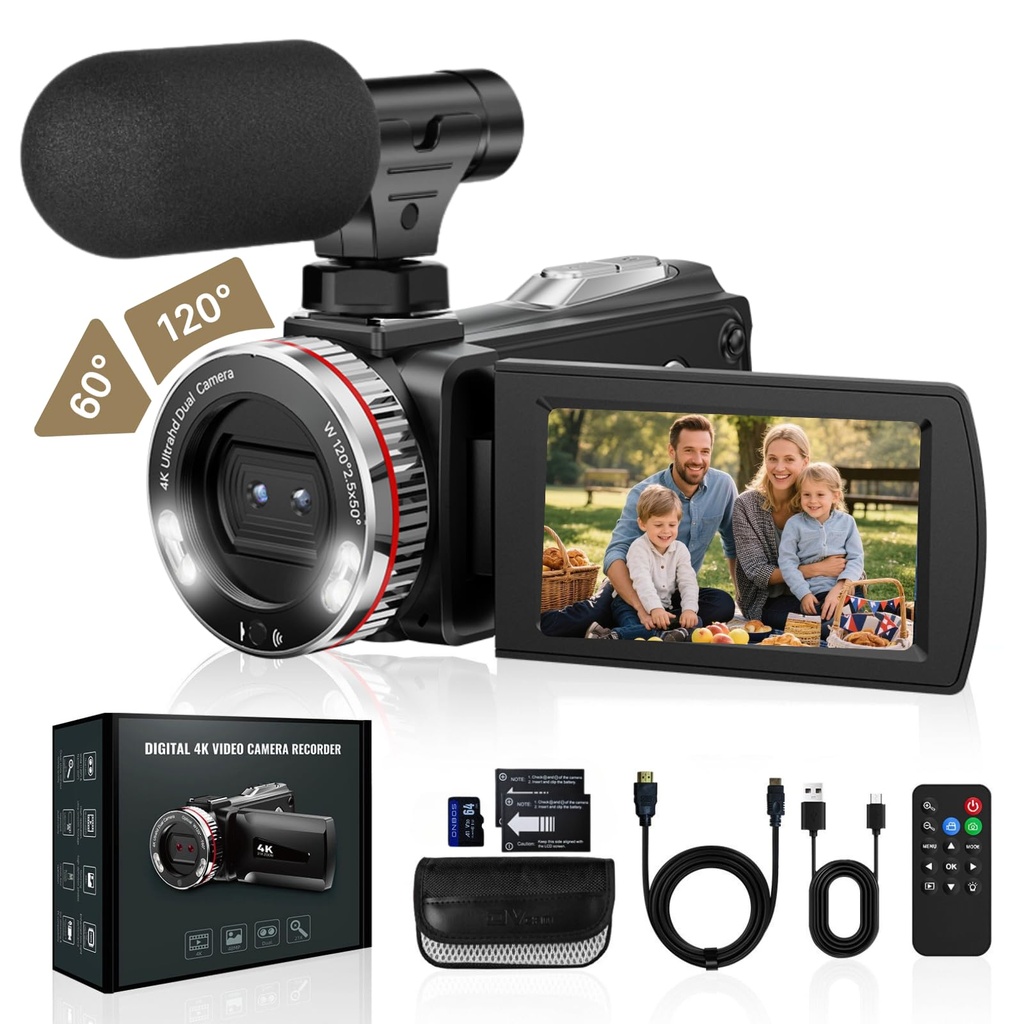 Euiivnt 4K Camcorder Video Camera, Vlogging Camera for YouTube with External Mic, Digital Zoom