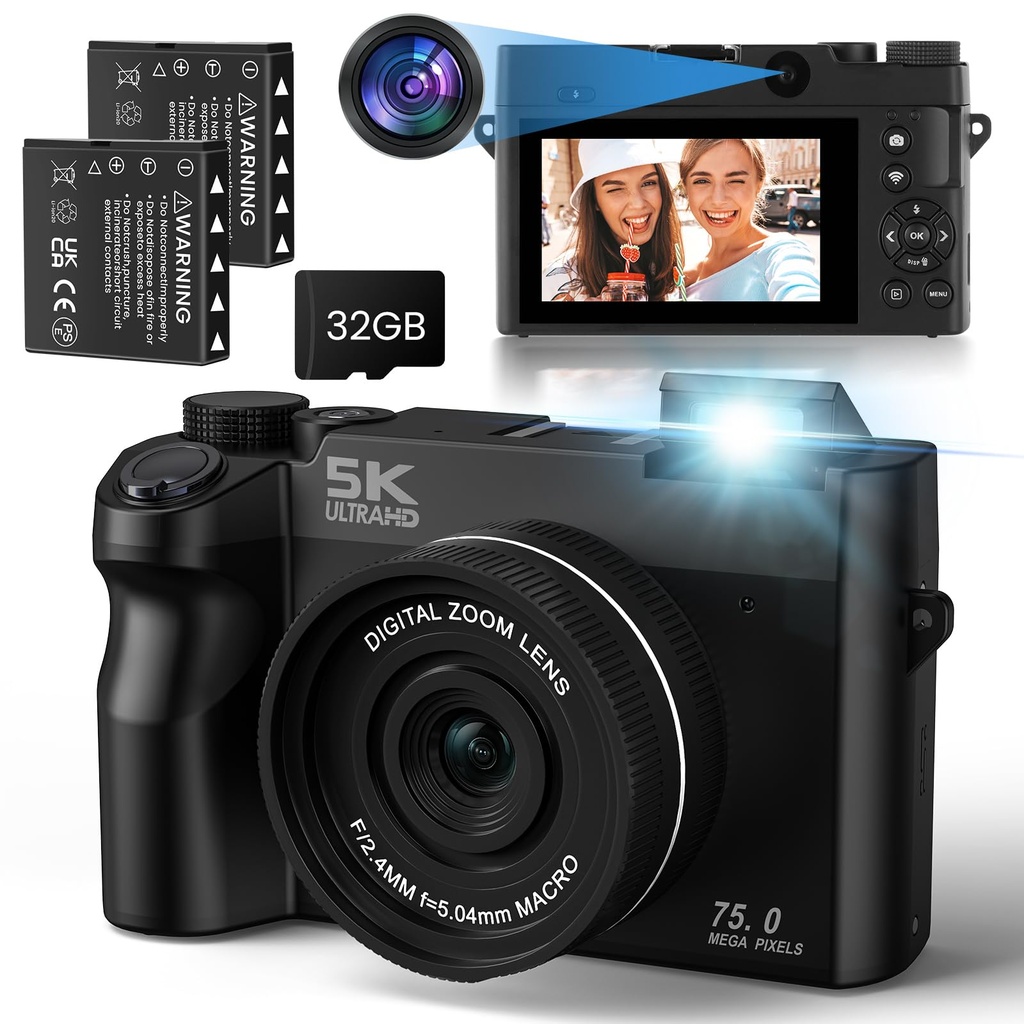 SOPPY 5K Digital Camera,75MP Upgraded Selfie Camera with WiFi Function for Youtube, 16X Dig