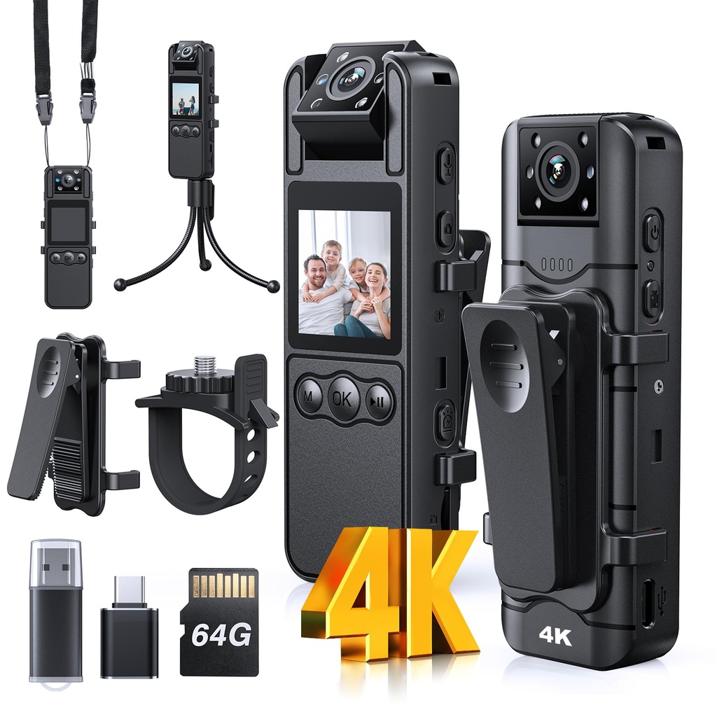 BOBLOV A26 Small Body Camera: 1080P 128GB Personal Mini Body Cams with Rotation Lens, Tripod