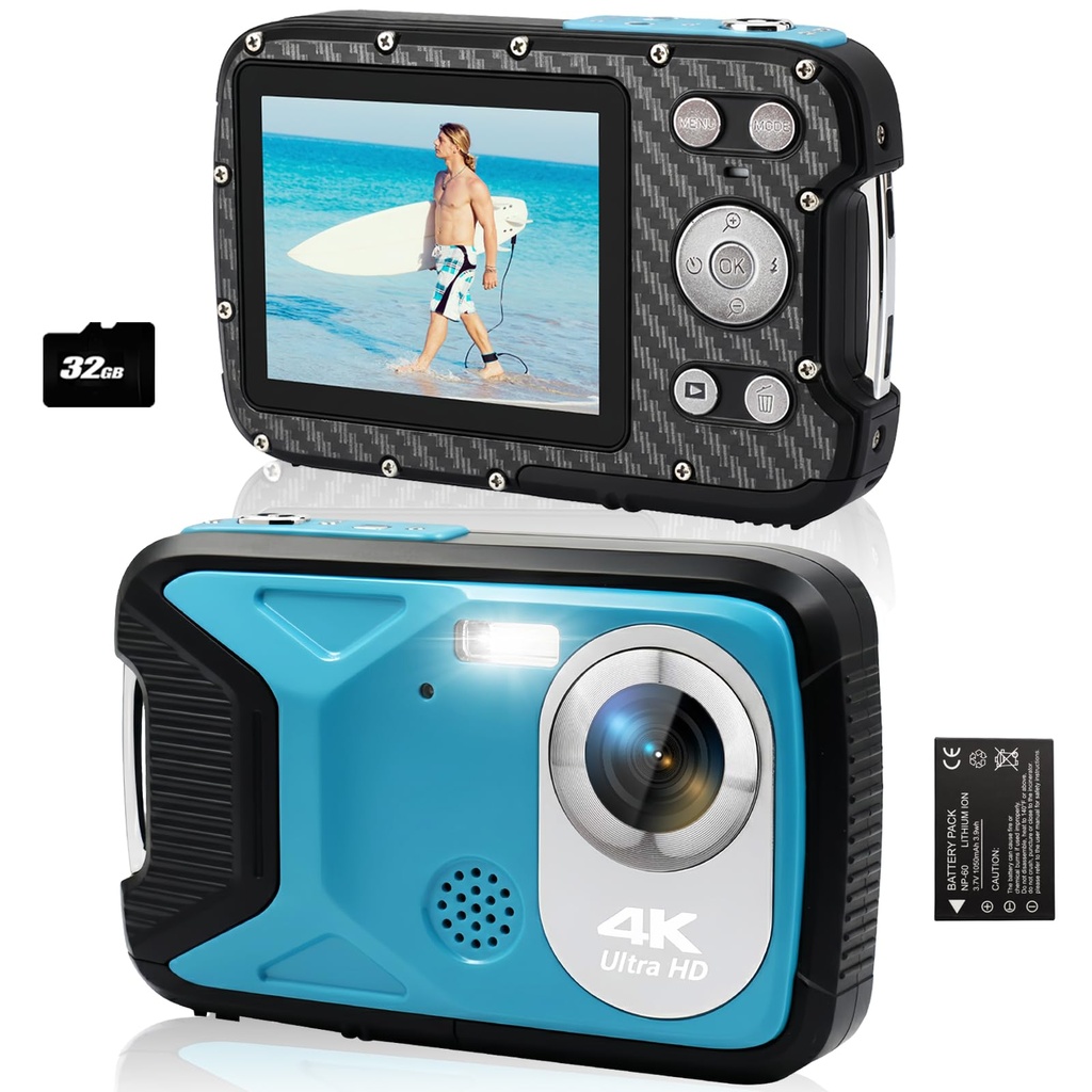 Underwater Camera 4K 17FT Waterproof Camera for Snorkeling,Auto Focus Digital Camera with 3