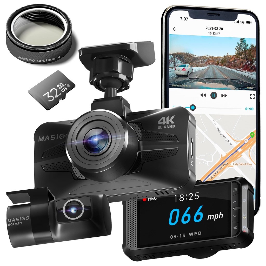MASIGO 4K Dash Cam Front and Rear, Built-in GPS, 5G WiFi Dash Camera for Cars, 2160P UHD 30