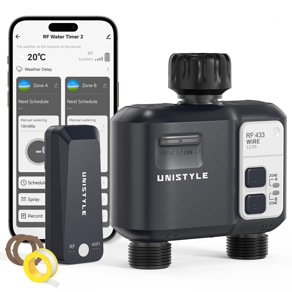 WiFi Water Timer 2 Zones, Unistyle Smart Hose Timer for Sprinkler Irrigation, Automatic Water timer